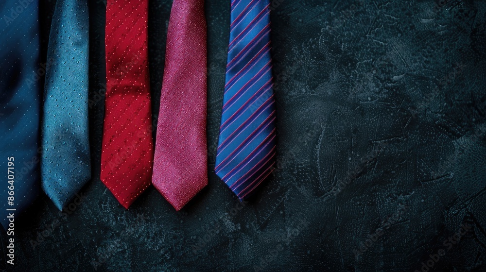 Fototapeta premium Fashionable neckties in red blue and pink against a dark backdrop Overhead perspective with space for text
