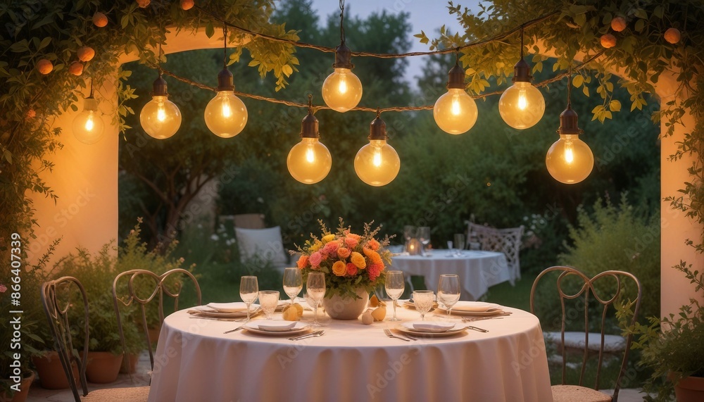 Obraz premium A romantic dinner in the garden with lights and candles 