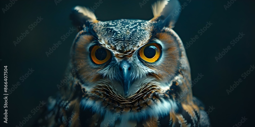 Portrait of wise owl in dark studio evokes curiosity and wisdom. Concept Dark Studio, Wise Owl, Curiosity, Wisdom, Portrait Portrait of wise owl in dark studio evokes curiosity and wisdom. Concept Dark Studio, Wise Owl, Curiosity, Wisdom, Portrait