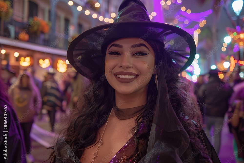 Smiling Woman in Witch Costume at Halloween Street Party - Festivity Smiling Woman in Witch Costume at Halloween Street Party - Festivity