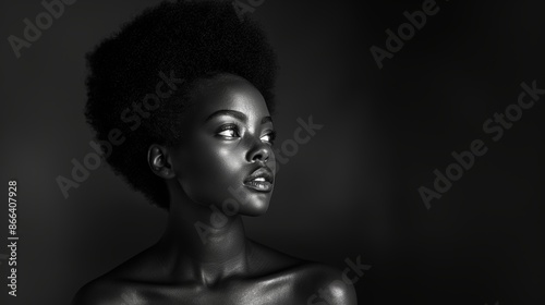 Black and White Profile Shot of Beautiful African Woman with Natural Hair © AS Photo Family