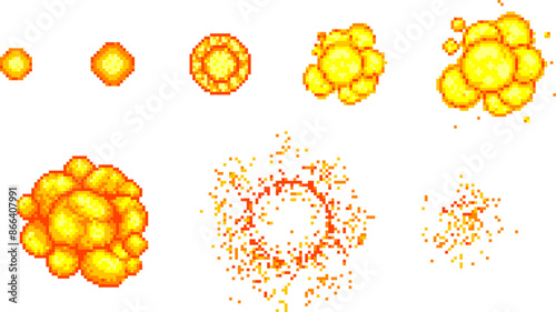 Pixel art explosion game icons set. Comic boom flame effects. 8-bit bang vector animation frames.