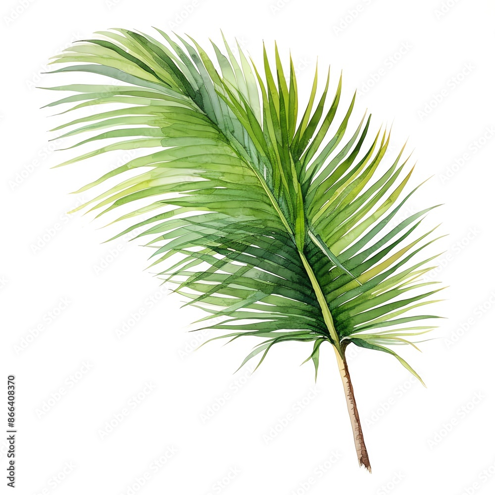 Obraz premium A watercolor depiction of a tall, sweeping coconut palm leaf.