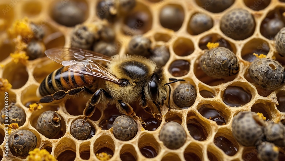 Bee larvae, cocoons and pollen in honeycombs close-up Bee larvae, cocoons and pollen in honeycombs close-up