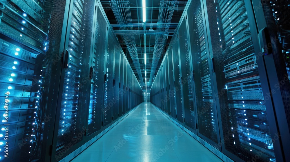 Shot of Data Center With Multiple Rows of Fully Operational Server Racks Shot of Data Center With Multiple Rows of Fully Operational Server Racks
