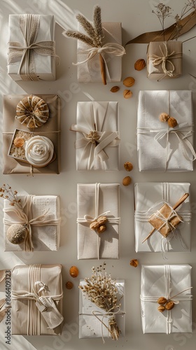 Aesthetic arrangement of eco-friendly, handmade gift boxes with natural decorations, perfect for sustainable presents and special occasions.
