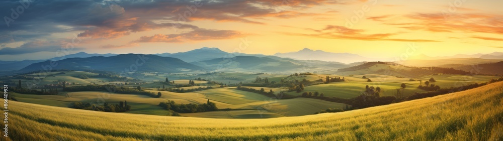 Fototapeta premium Sun Setting Behind a Field of Gold