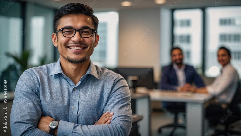 Fototapeta premium Business man, arms crossed and smiling face with creative worker and confident from admin consultant job. Happy, professional