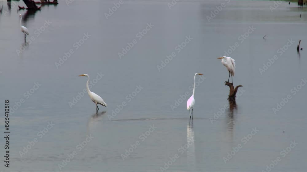 Great Egrets In Tranquil Pond In Blackwater National Wildlife Refuge, Maryland - Wide Shot Great Egrets In Tranquil Pond In Blackwater National Wildlife Refuge, Maryland - Wide Shot