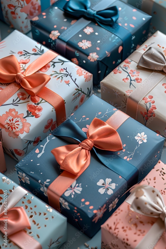 Beautifully wrapped gift boxes adorned with floral patterns and ribbons, perfect for celebrations and special occasions. Beautifully wrapped gift boxes adorned with floral patterns and ribbons, perfect for celebrations and special occasions.