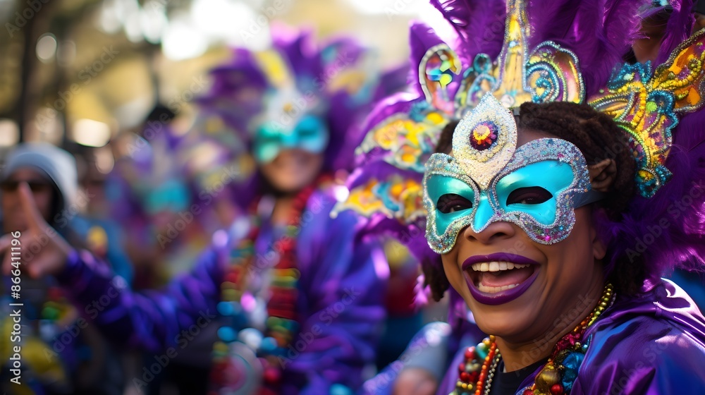 A person in costume, wearing mask with feathers or ribbons, standing on the street A person in costume, wearing mask with feathers or ribbons, standing on the street