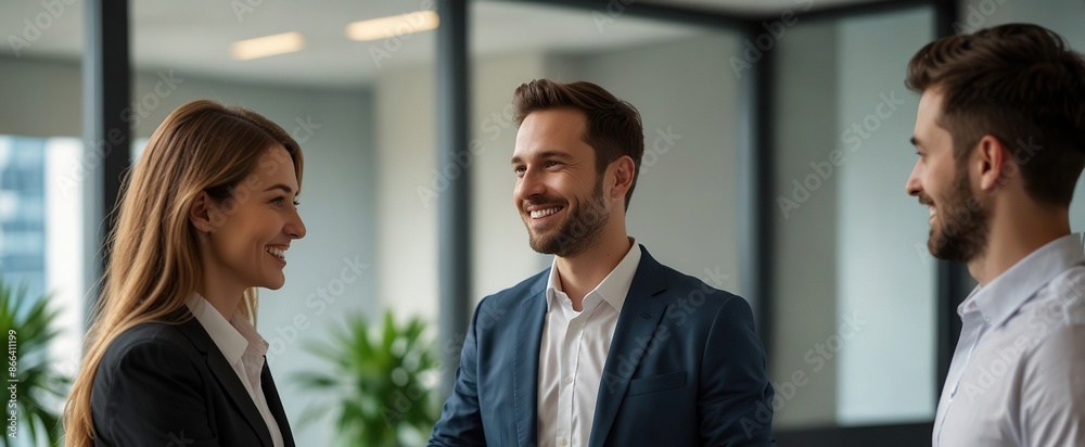 Businesspeople, handshake and meeting in office with smile, congratulations and welcome in team. Trust, corporate and workforce together with new employee in company Businesspeople, handshake and meeting in office with smile, congratulations and welcome in team. Trust, corporate and workforce together with new employee in company