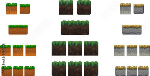 Pixel art ground platform tile set. Different square texture grid collection. Isolated vector sprites for game development or mobile app.