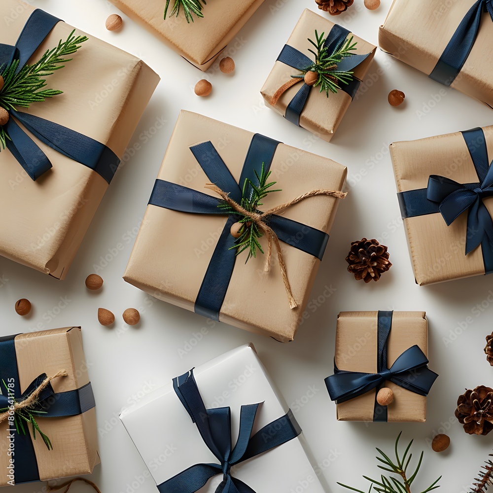 Beautifully wrapped gifts with blue ribbons and natural elements, perfect for holiday celebrations and special occasions.