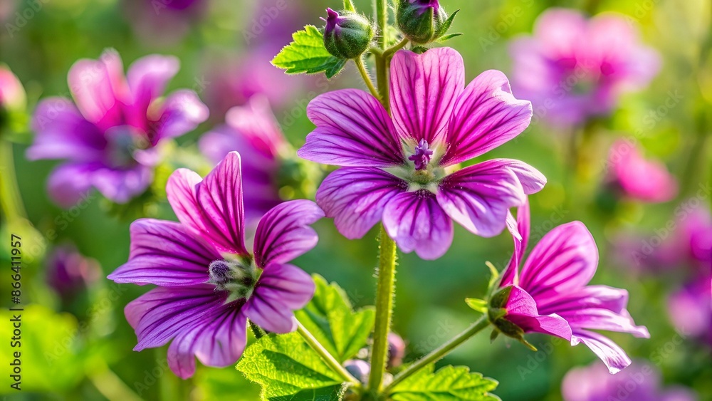 Common mallow blooming, blossom of wild violet flower, Malva sylvestris Common mallow blooming, blossom of wild violet flower, Malva sylvestris