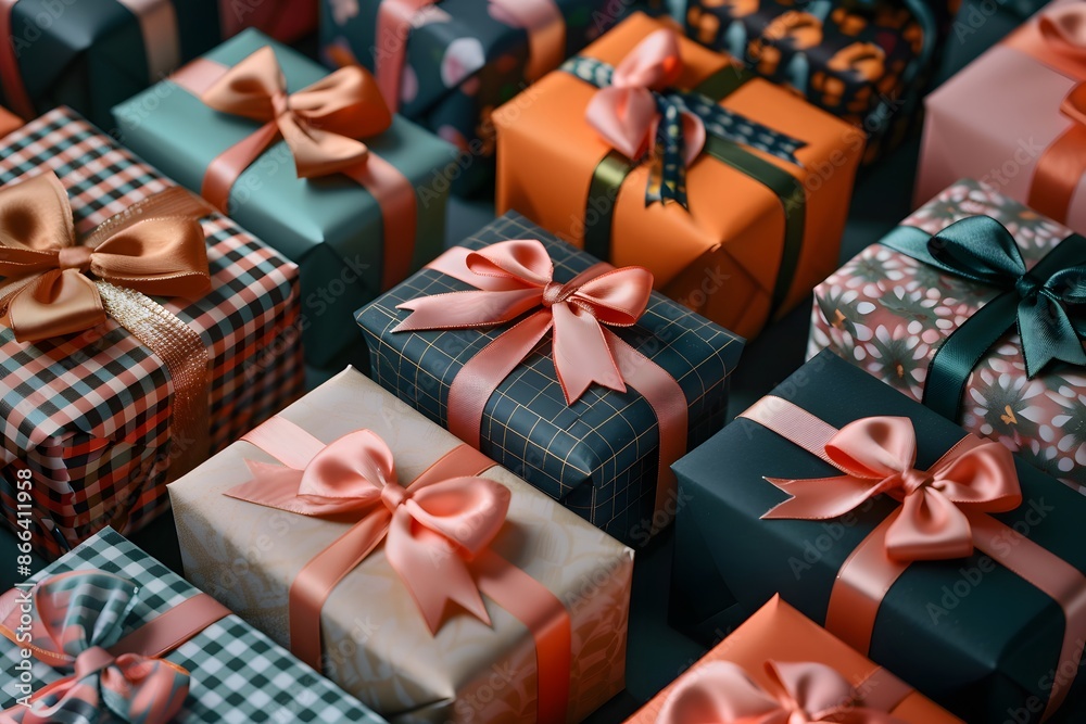 Beautifully wrapped gifts with colorful ribbons and bows, perfect for celebrations and special occasions. Beautifully wrapped gifts with colorful ribbons and bows, perfect for celebrations and special occasions.