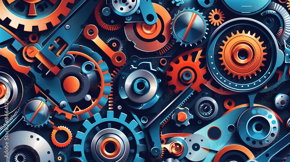 Machinery industry background with spare parts ornaments and wrenches Machinery industry background with spare parts ornaments and wrenches