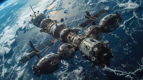 Fototapeta Naklejka Na Ścianę i Meble -  Space station above planet earth, future technology sci-fi concept.