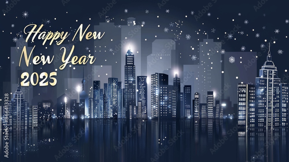 Naklejka premium Happy New Year 2025: Cityscape with Snowfall