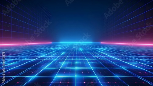 Neon Blue Futuristic Grid Background for Tech Product Concept Display © Thares2020