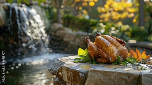 Wallpaper Mural Roasted chicken on stone table near waterfall in scenic outdoor setting Torontodigital.ca