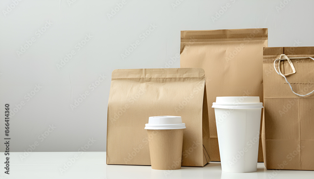 Paper packaging for fast food on white table over white wall background Paper packaging for fast food on white table over white wall background
