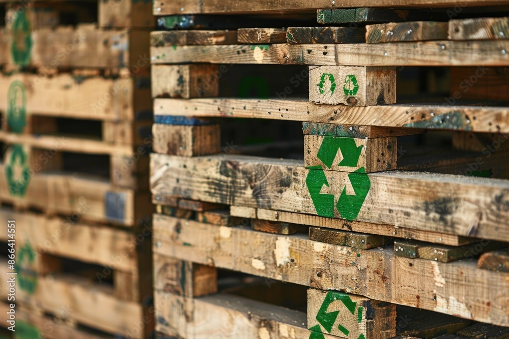 Stack of wooden planks or pallets, each prominently featuring a green ...