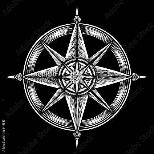 Intricate Monochrome Compass Rose Illustration on Black Background.
