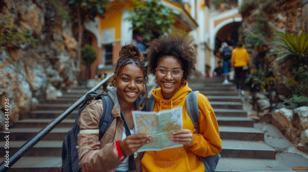 Two Young Smiling Friends Exploring City with Map in Casual Outfits Two Young Smiling Friends Exploring City with Map in Casual Outfits