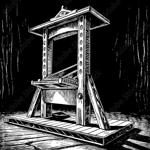 Medieval Guillotine Woodcut Art Illustration Black and White Engraving.