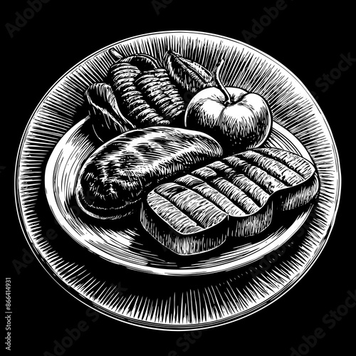 Vintage Black and White Illustration of Grilled Meat and Vegetables on Plate.