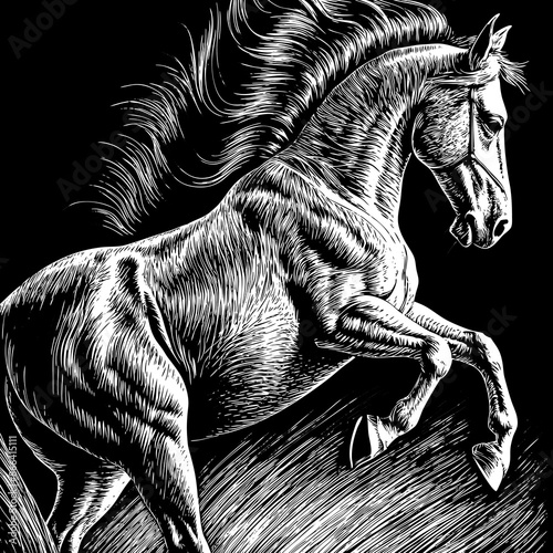 Majestic Horse Illustration in Dynamic Black and White Art Style.