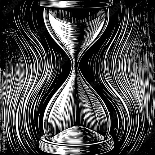 Vintage Hourglass Illustration with Flowing Sand on Black Background in Woodcut Style.