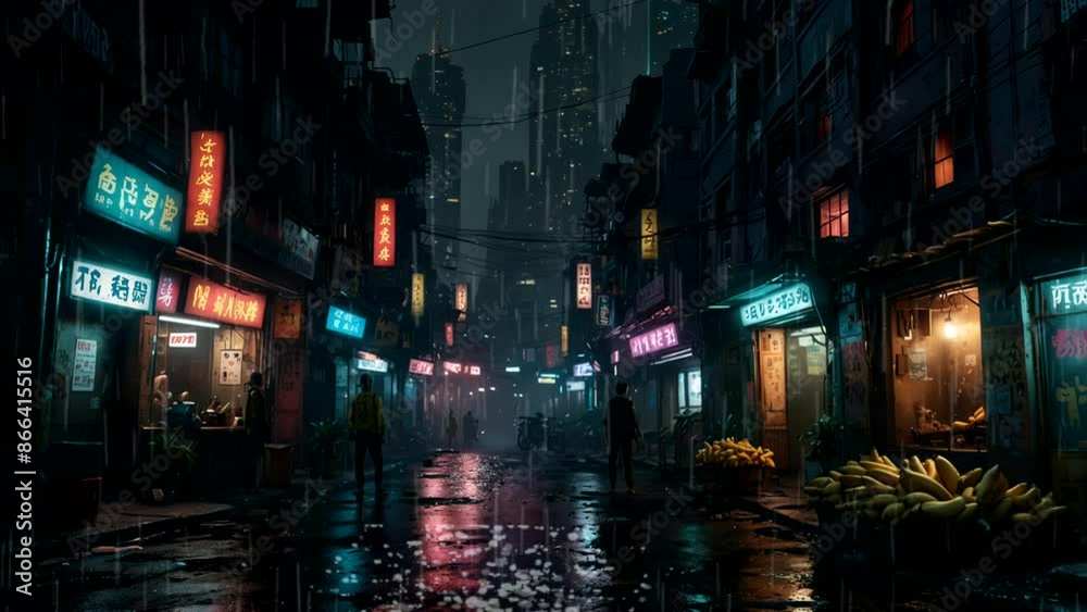 view of the city in Japan at night, rainy, empty streets