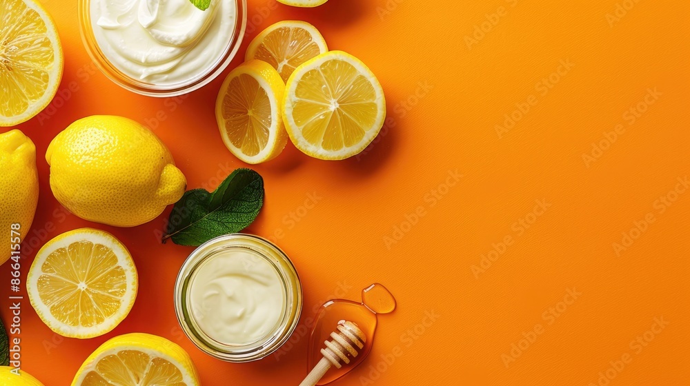 Ideal Ingredients for Homemade Face Mask Yogurt Lemon and Honey for Radiant Skin Top View on Orange Background Beauty Product Concept Flat Lay with Space for Text Ideal Ingredients for Homemade Face Mask Yogurt Lemon and Honey for Radiant Skin Top View on Orange Background Beauty Product Concept Flat Lay with Space for Text