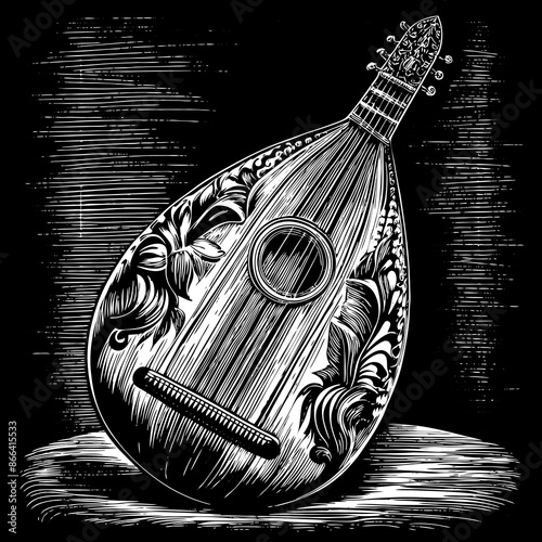 Intricately Designed Mandolin Engraving Artwork with Floral Patterns.