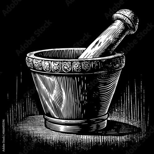 Rustic Hand Drawn Mortar and Pestle Illustration in Vintage Woodcut Style.