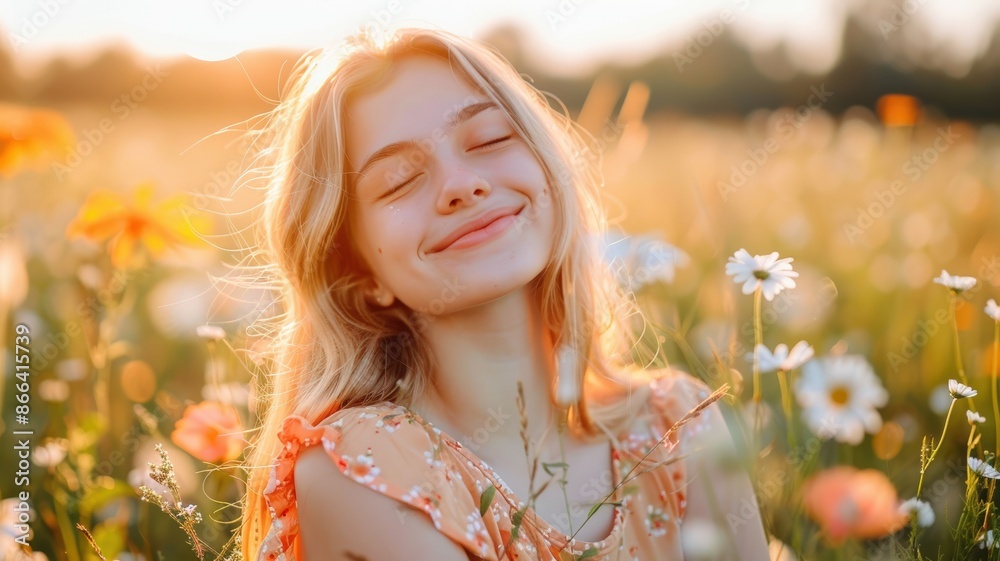 Blonde Woman in a Flower Field at Golden Hour Blonde Woman in a Flower Field at Golden Hour