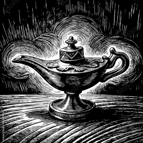 Engraved Magic Lamp Illustration with Mystical Cloud Background in Black and White.