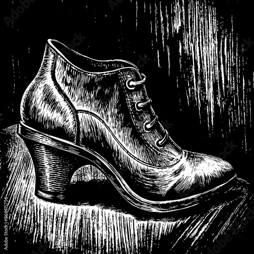 Vintage High Heeled Shoe on Wooden Surface Detailed Black and White Illustration.