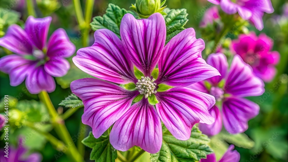 Top view of Malva sylvestris flower (known as common mallow, cheeses, high mallow and tall mallow). Closeup of showy bright mauve-purple flowers of Malva sylvestris Top view of Malva sylvestris flower (known as common mallow, cheeses, high mallow and tall mallow). Closeup of showy bright mauve-purple flowers of Malva sylvestris