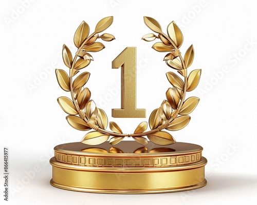 Top 1 best podium award sign, golden object. 3d render realistic cartoon illustration. Isolated on white background. Recognition and success concept.	
