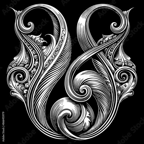 Ornate Black and White Intricate Scrollwork Design with Elegant Swirls.
