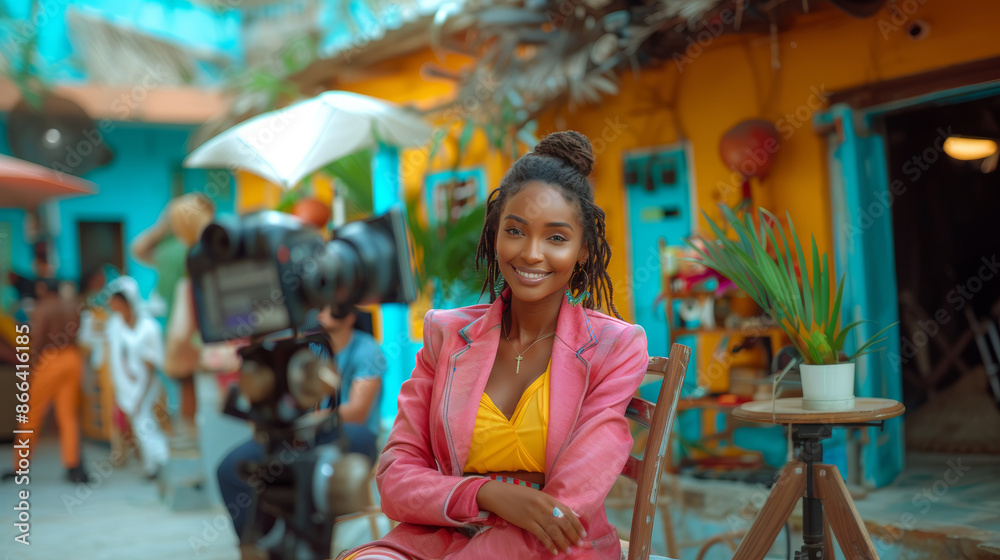 Young Female Host in Vibrant Pink Blazer Anchoring a Show in a Colorful Outdoor Setting Young Female Host in Vibrant Pink Blazer Anchoring a Show in a Colorful Outdoor Setting