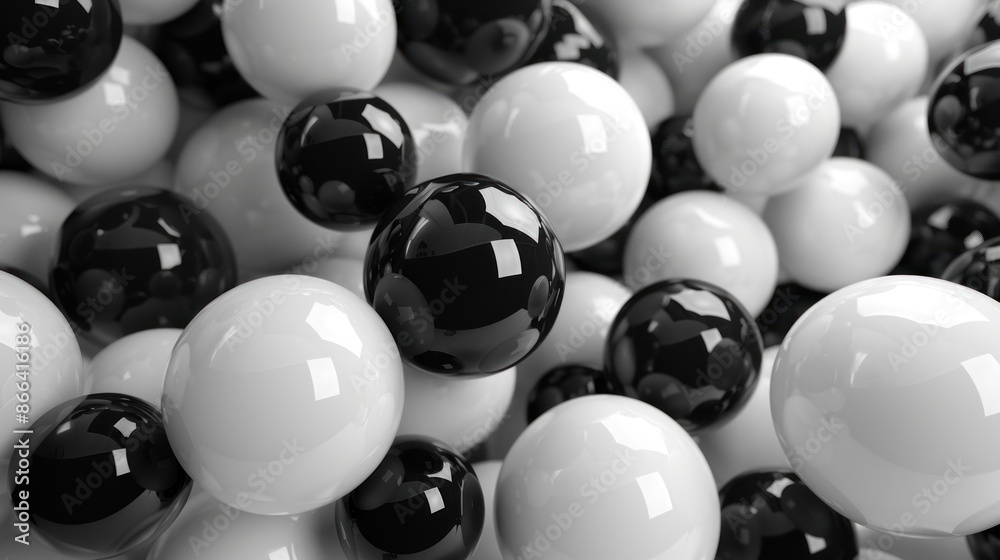 white and black matte soft chaotic balls in different sizes. Abstract composition with black and white random flying spheres. ai generated white and black matte soft chaotic balls in different sizes. Abstract composition with black and white random flying spheres. ai generated