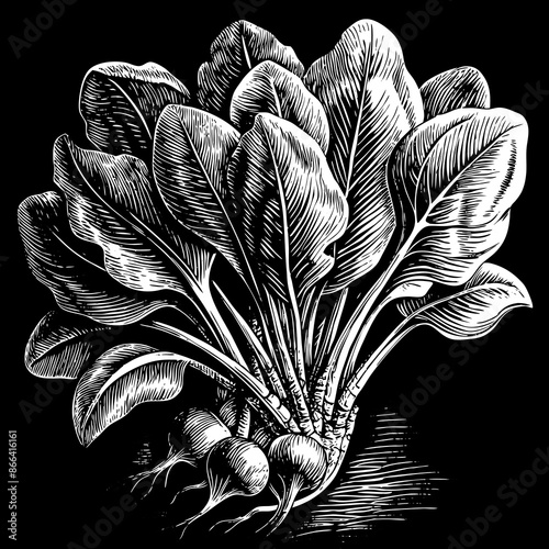 Vintage Botanical Illustration of Spinach Plant on Black Background.