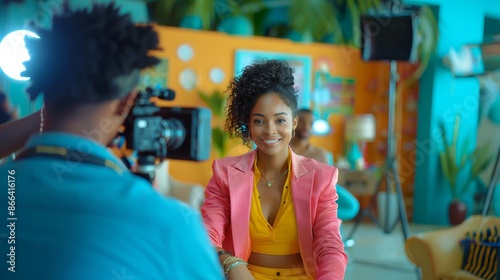 Young Black Female Host In Vibrant Pink Blazer Recording In Colorful Studio photo