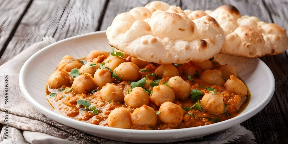 Tasty pairing Bhatura or Puri with Spicy Chana Masala. Concept Indian Cuisine, Street Food, Chana Masala Recipe, Bread Pairings, Food Combinations Tasty pairing Bhatura or Puri with Spicy Chana Masala. Concept Indian Cuisine, Street Food, Chana Masala Recipe, Bread Pairings, Food Combinations