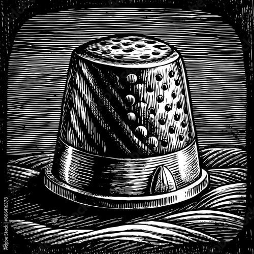 Vintage Black and White Etching of a Thimble on a Textured Surface.