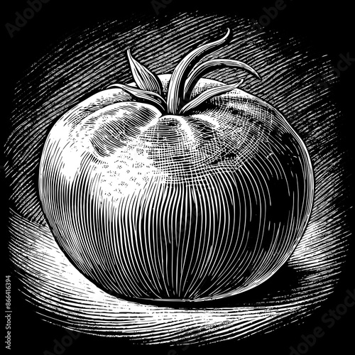 Hand drawn Vintage Illustration of a Tomato on Black Background.